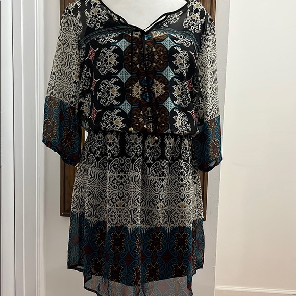 Blue V-Neck Sundress with Bishop Sleeves - Picture 1 of 7